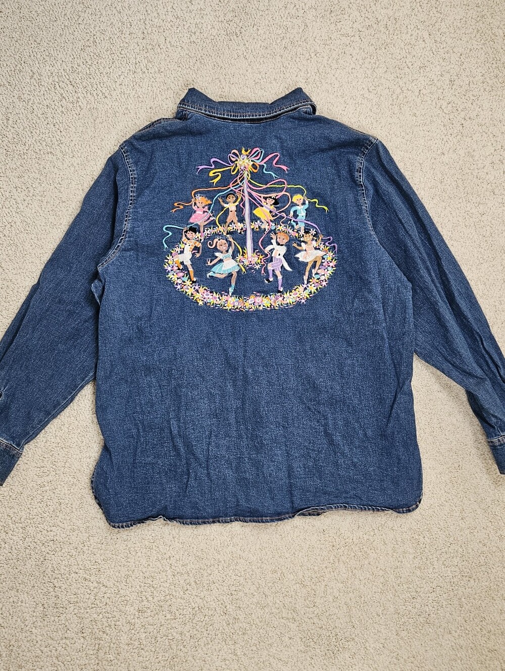 VTG Y2K Bob Mackie Wearable Art Embroidered Denim Shirt Maypole Floral Womens L
